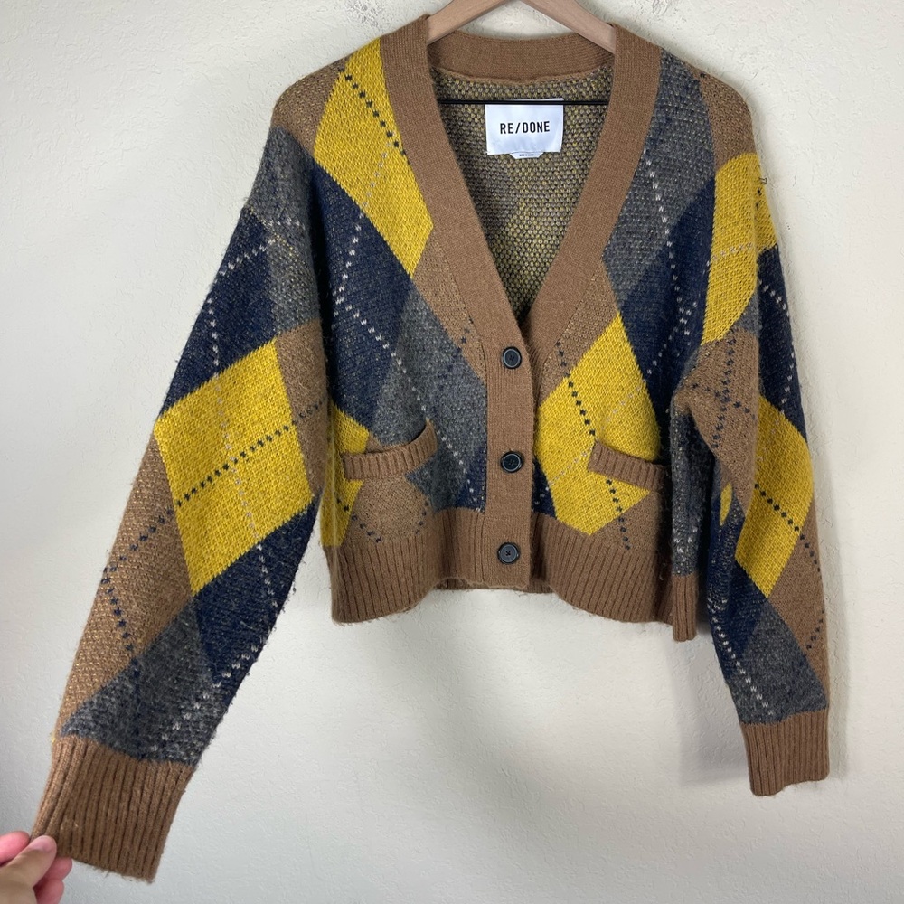 RE/DONE 90s Cropped Cardigan Argyle Sweater Size Large - Picture 4 of 8